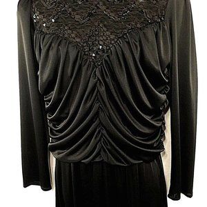 80s Black Catsuit Draped Bodice Straight Leg Jumpsuit Keyhole Back Vintage